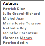 Patrick Dion, Julie Gravel-Richard, Michel Jean, Marie Josée Turgeon, Nathalie Roy, Jacinthe Parenteau, Florence Meney, Patrice Godin